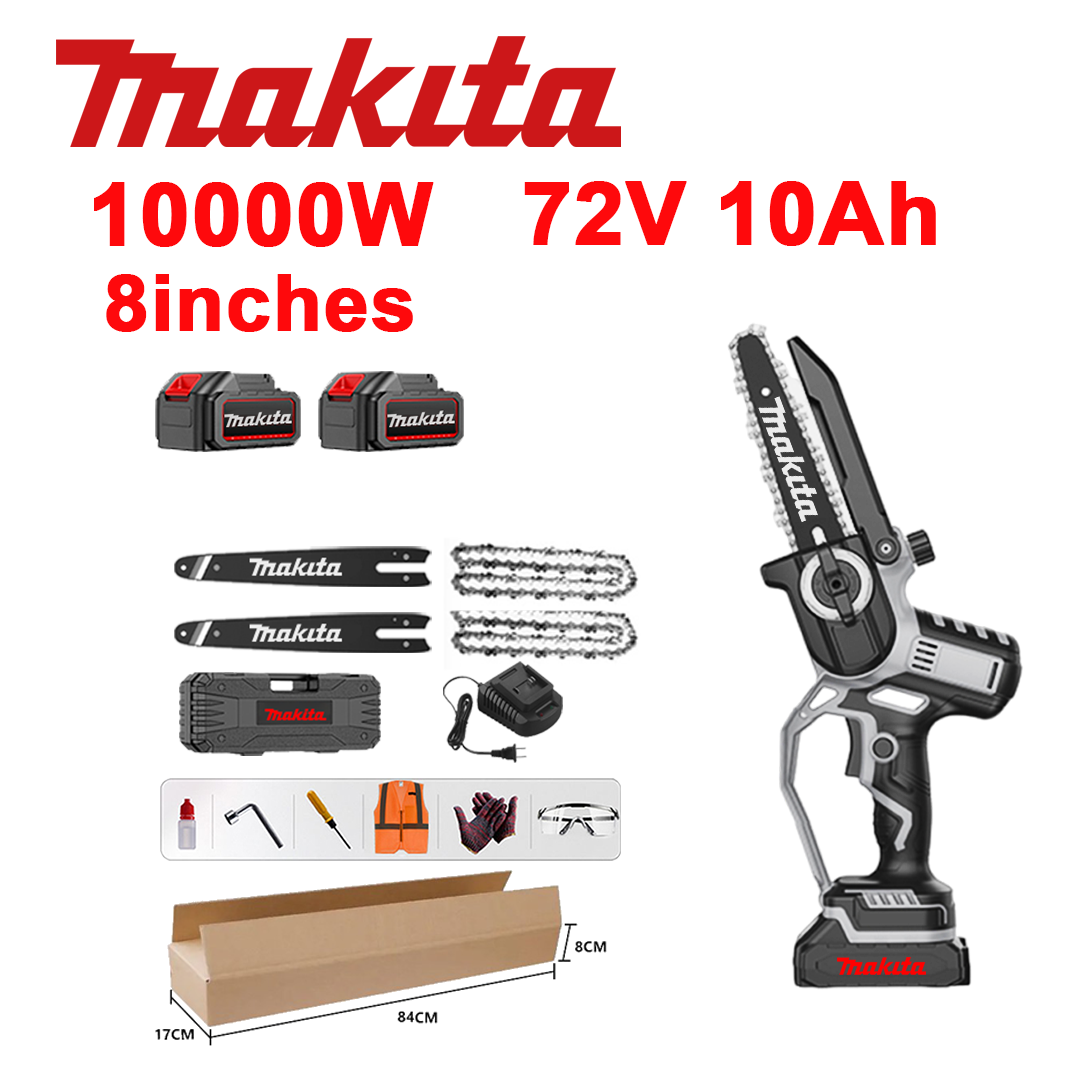 10-palcová bezkefková lítium-iónová píla, výkon 10 000 W, 2 batérie 72 V 10,0 Ah, nabíjačka, 2 vodiace lišty, 2 reťaze, box na náradie, mazací olej a ochranné okuliare, päťročná záruka