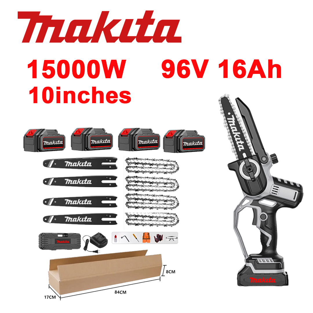 10-palcová bezkefková lítium-iónová píla, výkon 15 000 W, 96 V 16,0 Ah batéria*4, nabíjačka, vodiaca lišta*4, reťaz*4, box na náradie, mazací olej a ochranné okuliare, päťročná záruka