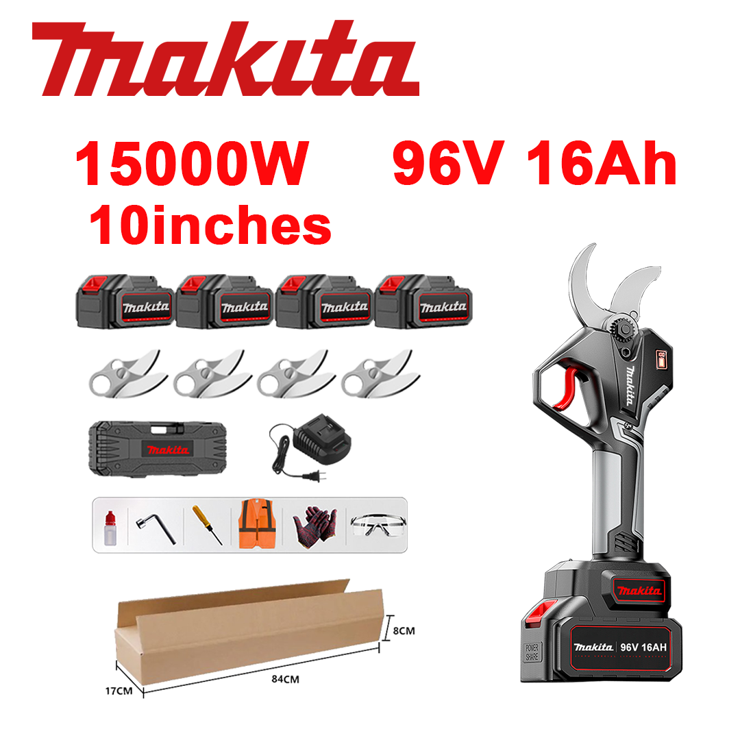 10-palcové bezkefkové záhradnícke nožnice s lítiovou batériou, výkon 15 000 W, batéria 96 V 16,0 Ah*4, nabíjačka, čepeľ SK9*4, skrinka s náradím, mazací olej a ochranné okuliare, päťročná záruka.
