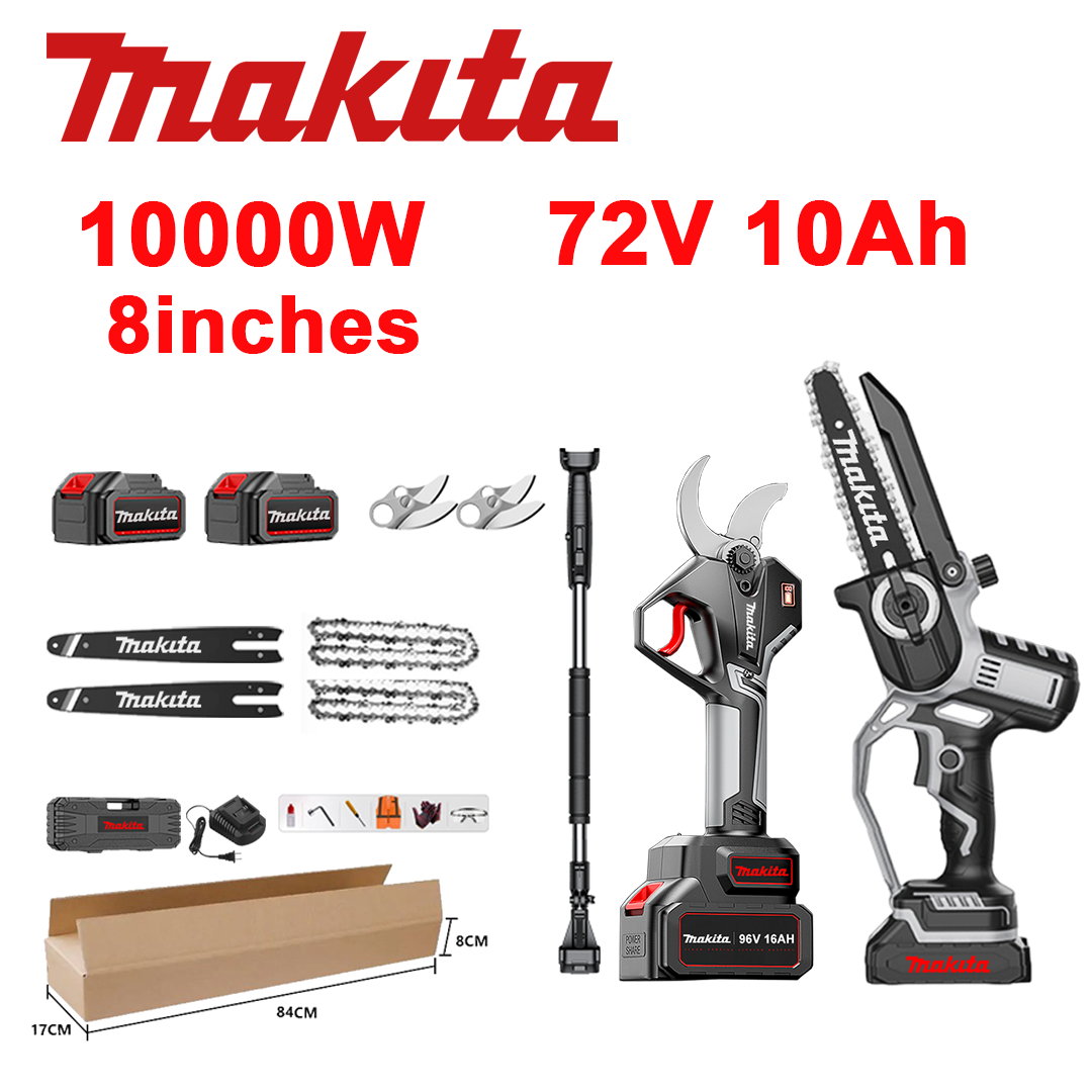 LED indikátor napájania (výdrž batérie: 10 hodín). 8-palcová 10 000 W lítium-iónová píla + záhradnícke nožnice + 72 V 10,0 Ah batéria *2 + nabíjačka + vodiace lišty *2 + reťaze *2 + čepele zo zliatiny SK9 *2 + teleskopická tyč *1 (teleskopická 150 cm – 450 cm) + box na náradie + 0 bezpečnostných olejov.