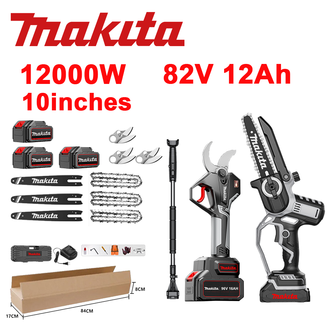 LED indikátor napätia (výdrž batérie: 18 hodín). 10-palcová 12 000 W lítium-iónová píla + záhradnícke nožnice + 82 V 12,0 Ah batéria*3 + nabíjačka + lišty*3 + reťaze*3 + čepele zo zliatiny SK9*3 + teleskopická tyč*1 (teleskopická od 150 cm do 450 cm) + nástroj na ochranu pred olejom+1