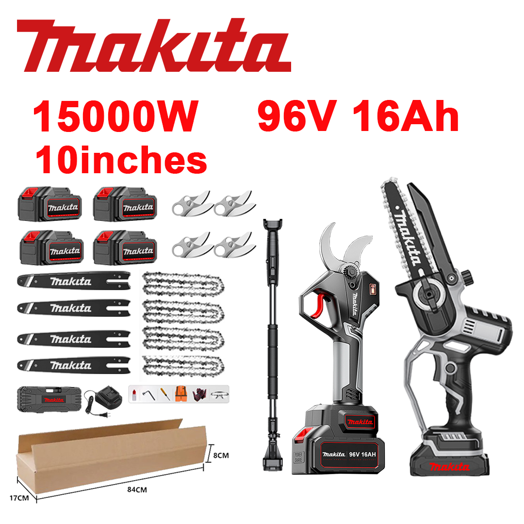 LED indikátor napätia (výdrž batérie: 36 hodín). 10-palcová 15 000 W lítium-iónová píla + záhradnícke nožnice + 96 V 16,0 Ah batéria*4 + nabíjačka + vodiace lišty*4 + reťaze*4 + čepele zo zliatiny SK9*4 + teleskopická tyč*1 (roztiahnuteľná od 150 cm do 450 cm) + 1 bezpečnostný nástroj.