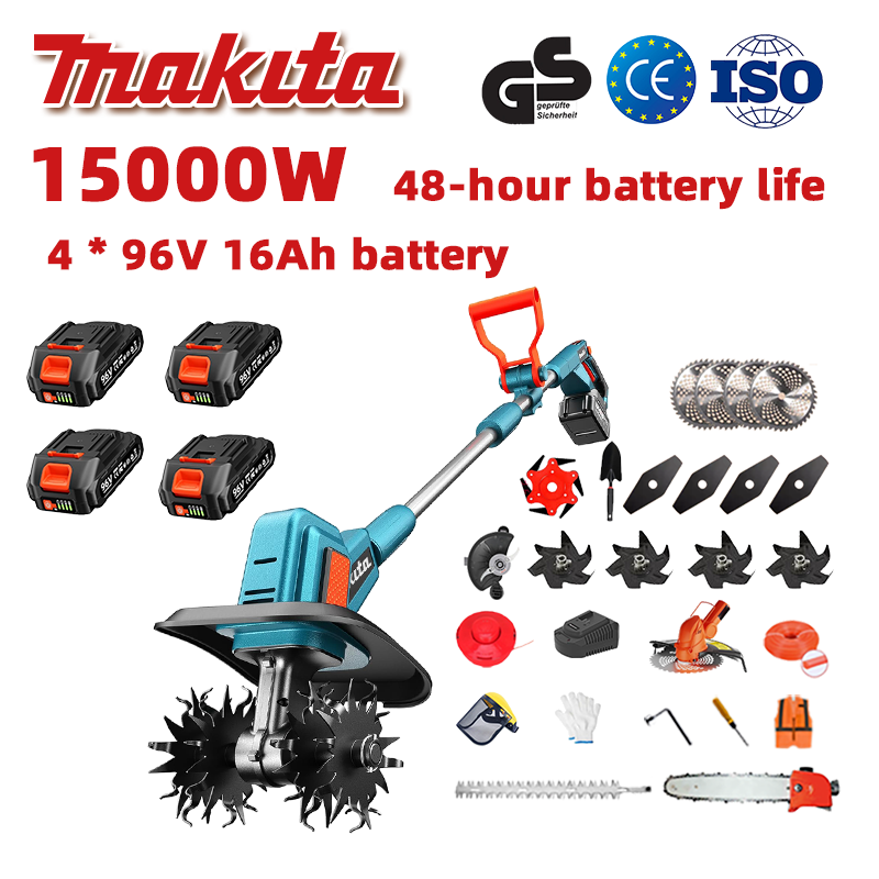 (Výdrž batérie 48 hodín) Pluh 15 000 W + lítiová batéria 96 V 16 Ah * 4 ks + nôž * 4 ks + píla * 1 ks + hlava nožnice na živý plot * 1 ks + rýchlonabíjačka * 1 ks + lopata * 1 ks + rovná čepeľ * 4 ks + nôž na pluh * 4 ks + pílový kotúč z ľahkej zliatiny * 1 ks + kosiaci nôž * 1 ks + rezacie lano * 1 ks + rôzne príslušenstvo